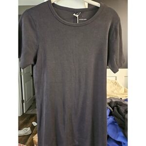 Everlane Organic Cotton Ribbed Crew Neck Tee Black Short Sleeve Back Seam Wmns L